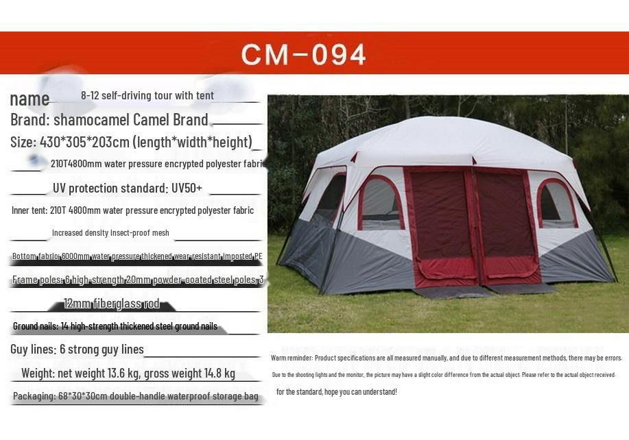 Spacious Outdoor Multi-Person Tent: Two Bedrooms, One Living Room for 6 To 12 People