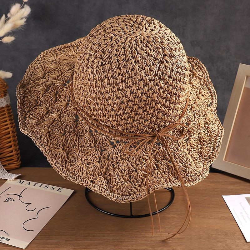 Pearl straw hat summer travel sunscreen sunshade bucket hat new straw seaside vacation net red hat