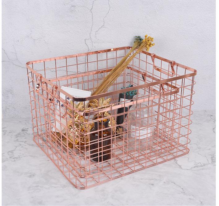 Rose Gold Large Iron Art Storage Basket with Handle - Desktop and Kitchen Organizer