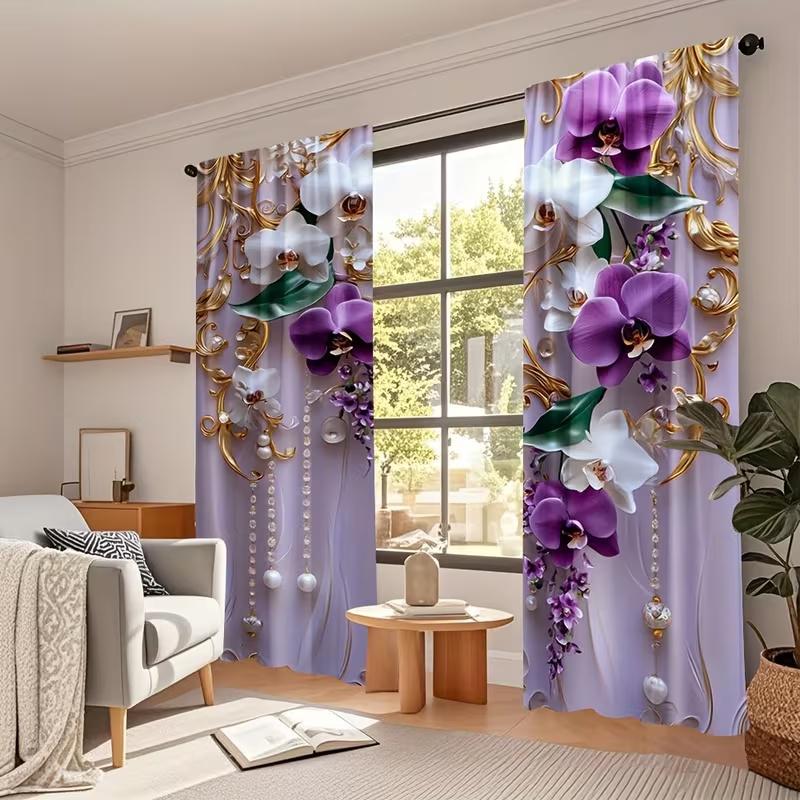 2 Pcs Flower Pearl Pendant Print Curtains,suitable for Bedroom,living Room Kitchen Decoration,home Decoration,window Decoration