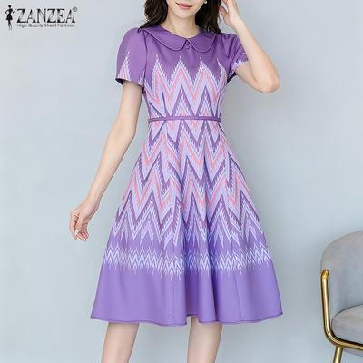 Women Summer Doll Collar Casual Short Sleeve Print Dress