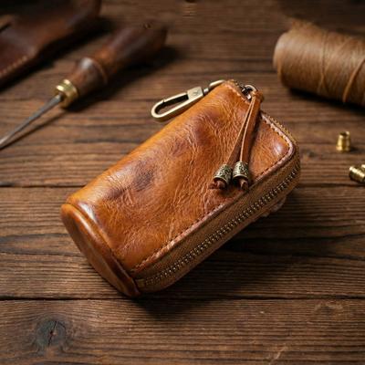 Vintage Genuine Leather Key Holder Zipper Key Wallet Case Cowhide Coin Purse Handmade Keychain Pouch for Men Women