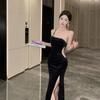 New Elegant and Sexy Velvet One-shoulder Evening Gown with Padded Cups Rhinestone Decoration High Slit Cut Out Mermaid Style Formal Party Long Dress