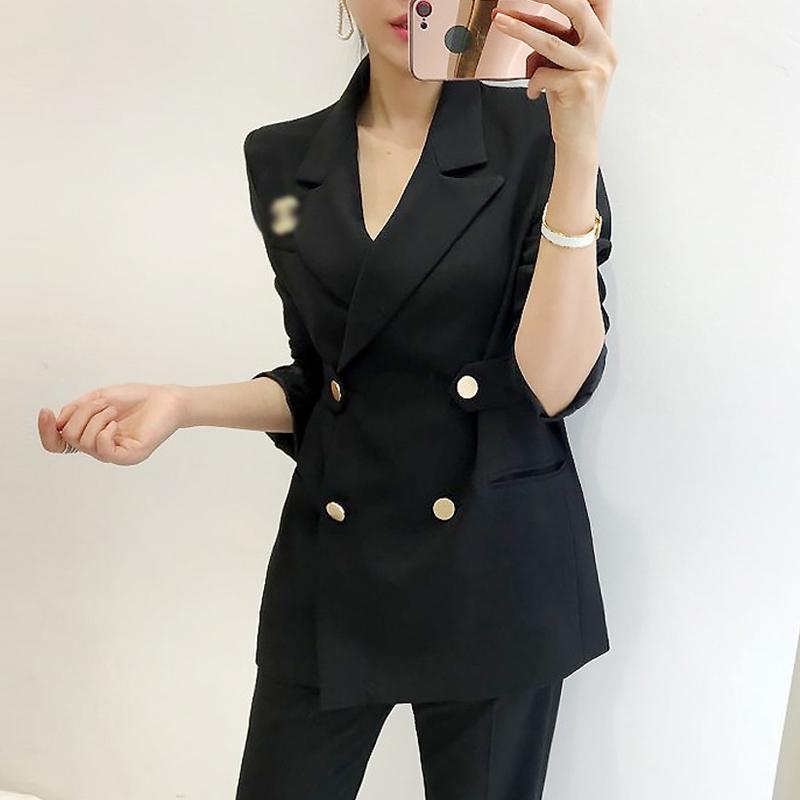 Autumn Womens Blazers Double Breasted Notched Office Lady Small Suit Coat Formal Black