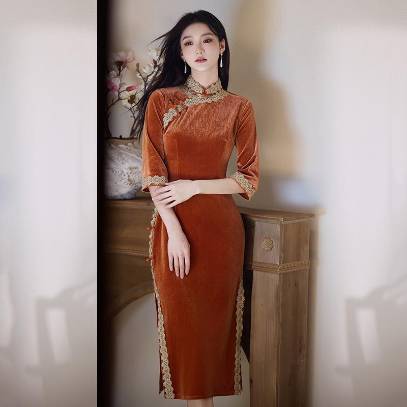 Orange velvet national style new Chinese long autumn long-sleeved cheongsam improved young women s high-end sense retro spring and autumn M