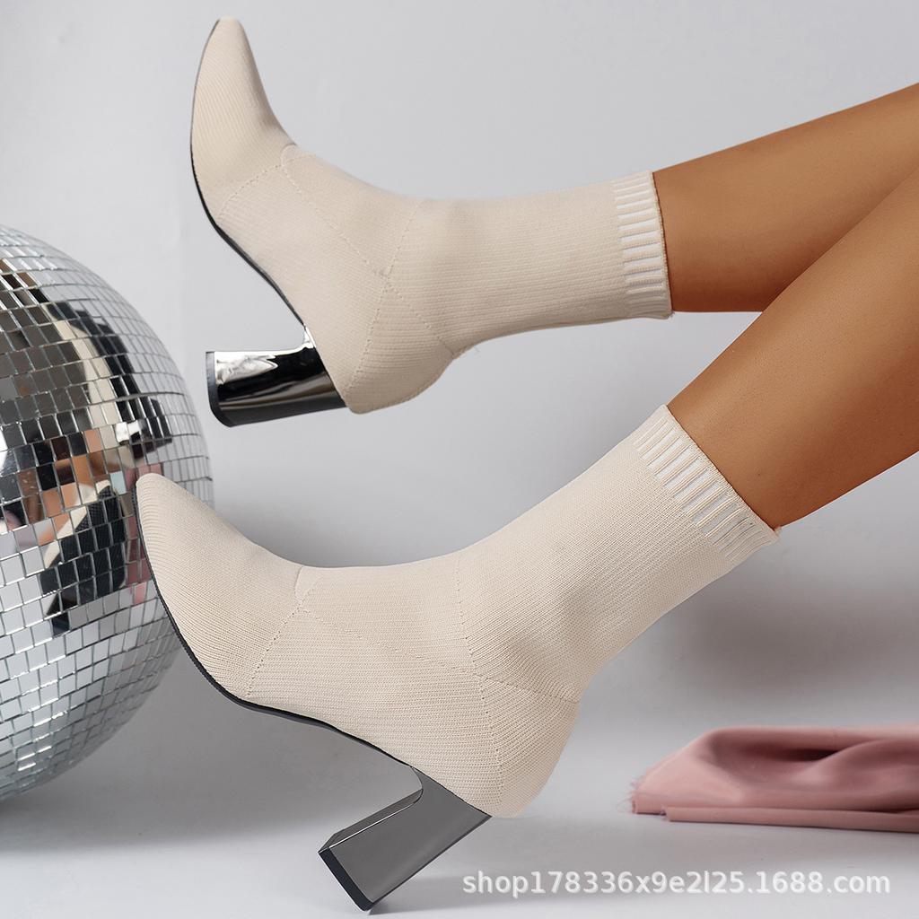 Pointed Toe Boots Women Sexy Knitted Sock Boots Elastic Slip Ons Fashion Casual Versatile High Heels Winter High Heels Women