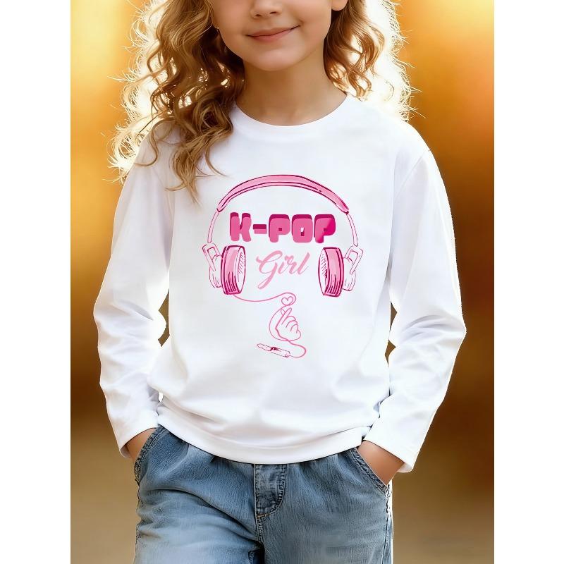 European sizes Kids Long Sleeve Top, Fashion Kids Long Sleeve T-Shirt, Fun K-POP Theme Headphone Heart Print Top, Playful Letter Print 110