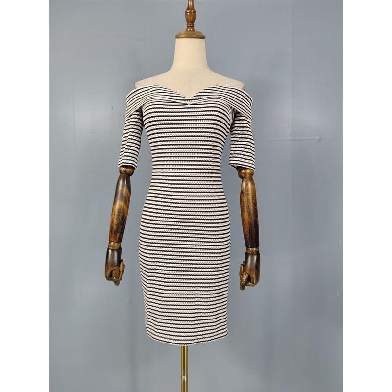 Export Single Gu Classic Black and White Stripes Contrast Color Hollow Concave-Convex Design Sling Short Collar Silm Sheath Dress