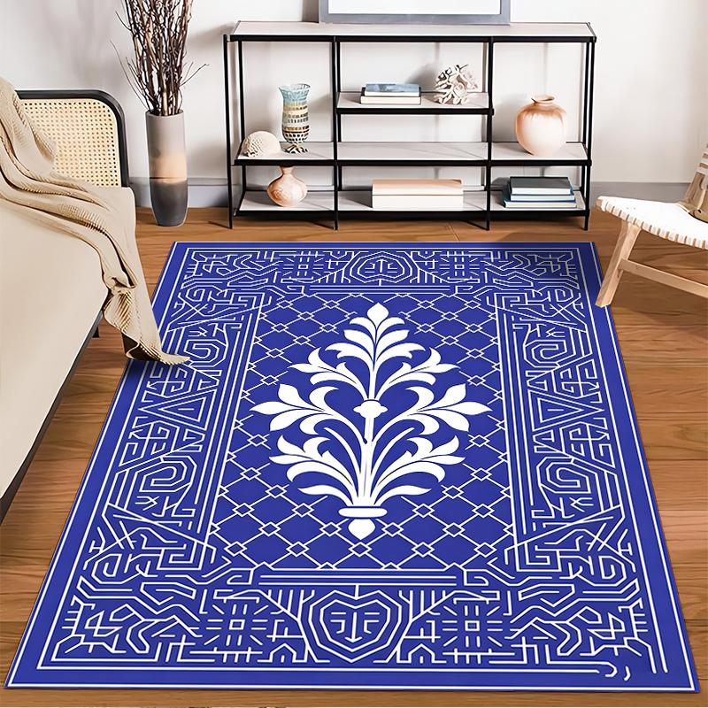 Floral Pattern Carpet with Geometric Border Design in Blue and White Suitable for use as an anti-slip for living room bedroom sofas