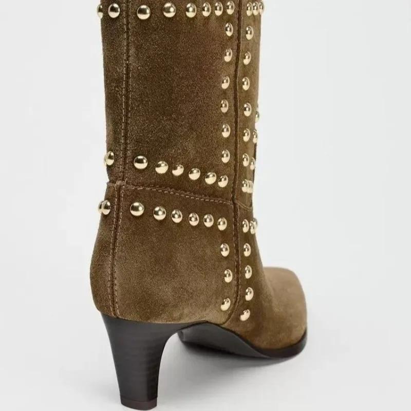 New Style Popular Autumn and Winter Rivet Fashion High Heel Pointed Loose Boots Women's Cowhide Knee High Sleeve Oversized Boots