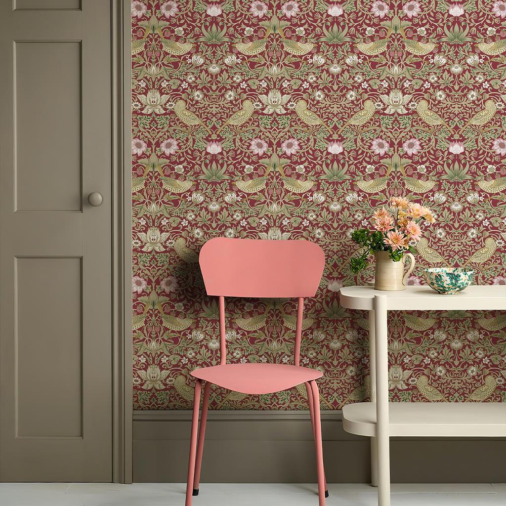 Retro Rote Florale Vinyltapete Selbstklebend Gelbe Vögel Selbstklebendes Wandkontaktpapier Schicke Wasserdichte Schrankaufkleber