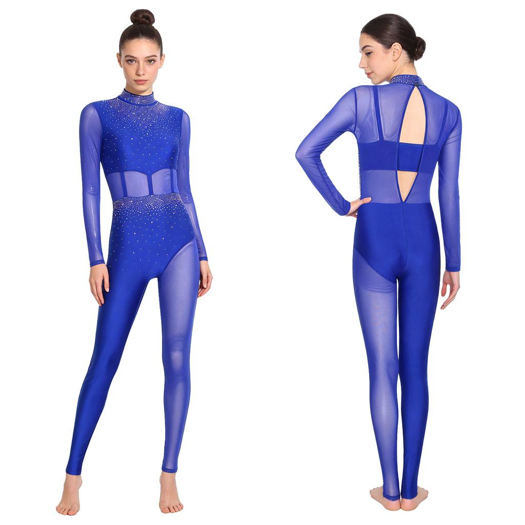 Błyszczący Kombinezon Pełnego Krycia na Scenę S-XXL: Damska odzież sportowa z panelami z przezroczystej siateczki i detalami na plecach