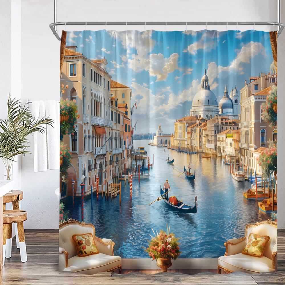 

Greek Town Scenery Oil Painting Shower Curtain Venice Italy Street View European Landcape Bathroom Decor Polyester Bath Curtain 90x180cm-35x70in