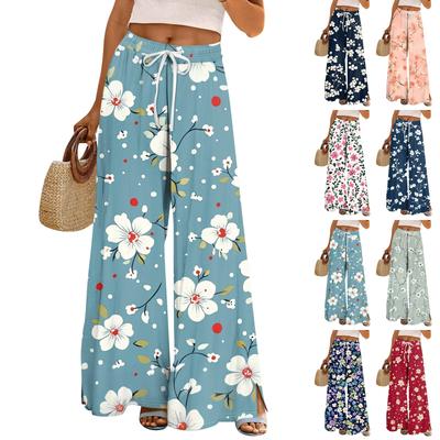 Women's Printed Wide Leg Pants With Pockets High Waist Drawstring Loose Casual Pants