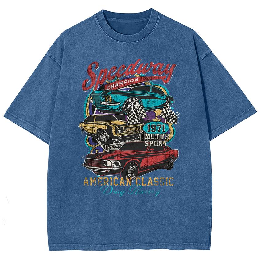 Vintage Racing Print Women's T-Shirt Washed Denim Summer Loose Short Sleeve Harajuku Distressed Top Tees
