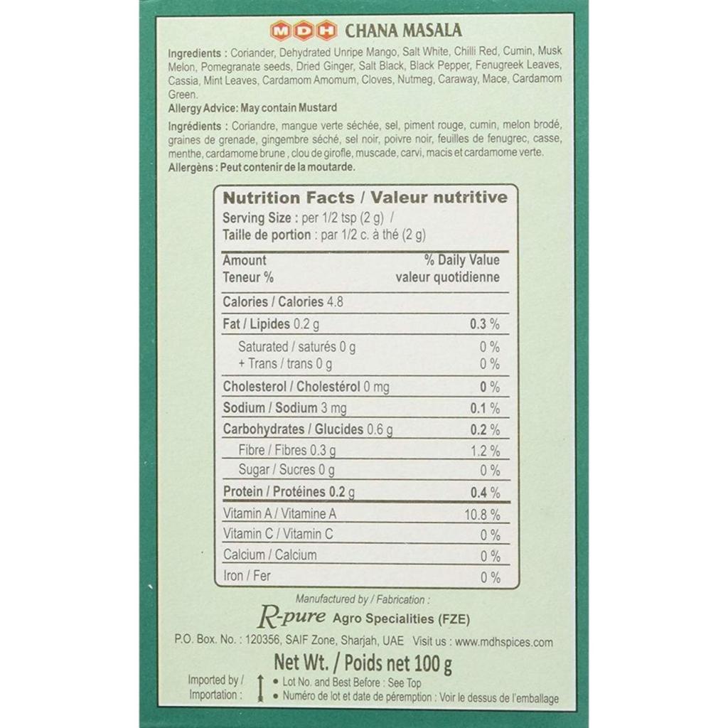 MDH Chana Masala 100g Authentic Indian Spice Blend for Tasty Chickpea Dishes, No Artificial Colors Added