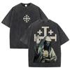 Doppelseitiges Jerusalemkreuz Brust Dunkel Heilige Maria Bibel lesend Kreuz Rückseite Druck Gotisch Religiös Streetwear Kurzarm T-Shirt