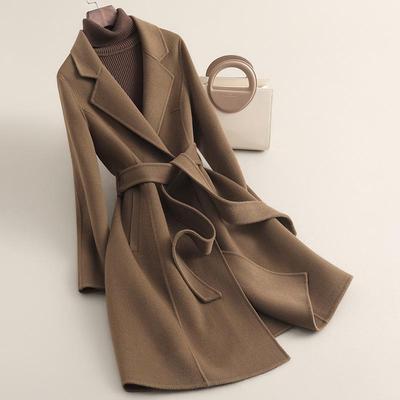Women's Spring High-End Mid-Length Wool Coat - Double-Faced, Zero Cashmere, Waist-Slimming Design