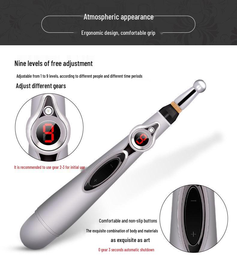Meridian Pulse Acupressure Pen: 5-Head, 9-Level Intensity Acupuncture Massager with Red Light