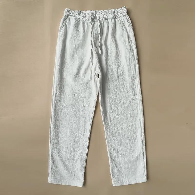 Men's High-End Chinese Style Cotton Linen Pants - Spring/Autumn Thin, Loose, Straight, White Casual Trousers