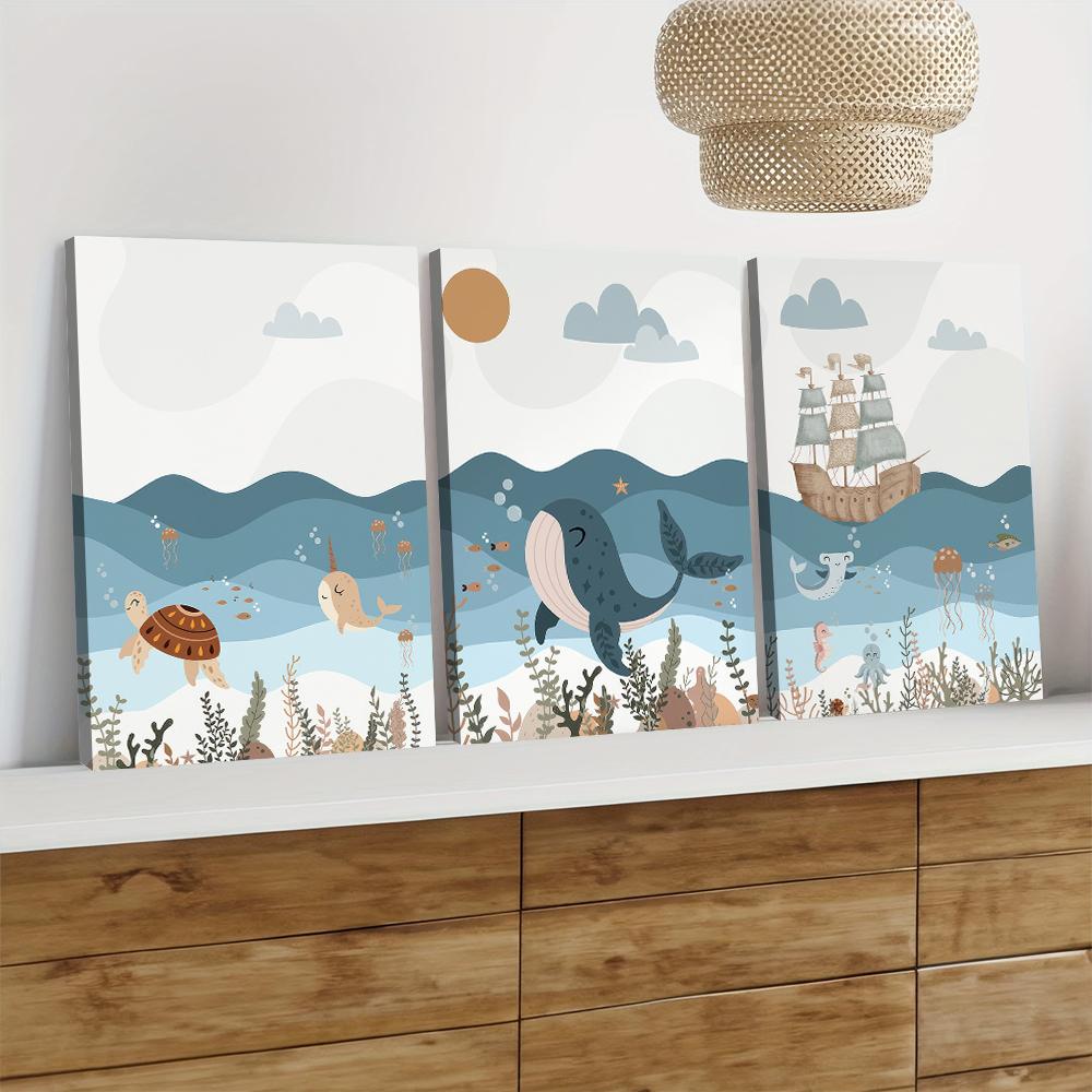 3PC, Ocean Themed Canvas Decorative Painting, Children's Room Cartoon Animal Hanging Painting, Cute Sea Turtle Unicorn Whale Ill