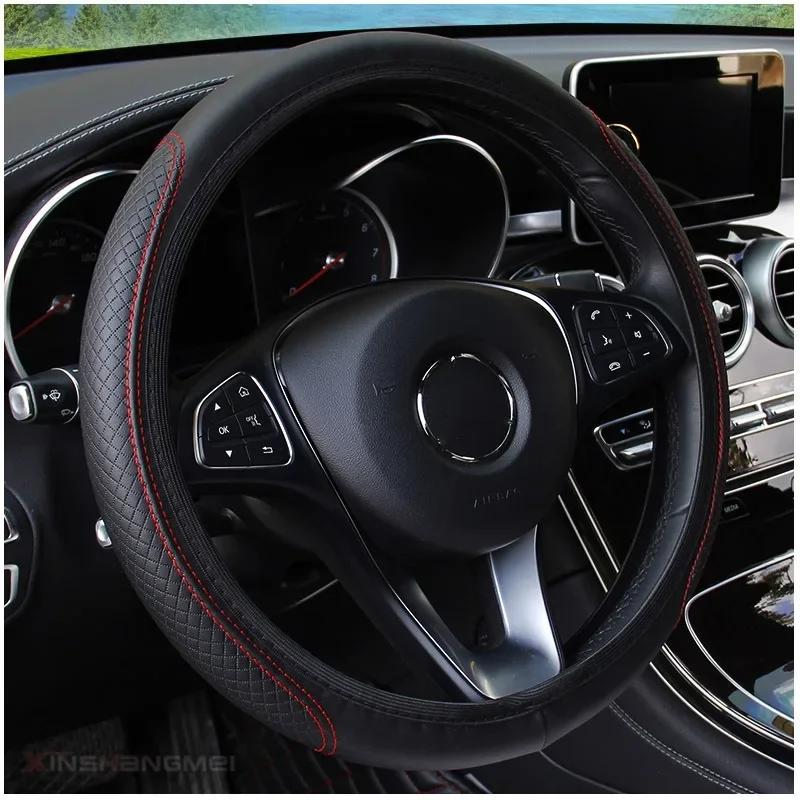 37-39cm Steering Wheel Cover Breathable Leather Anti Slip PU Leather Embossing Steering Covers Universal Car Accessories