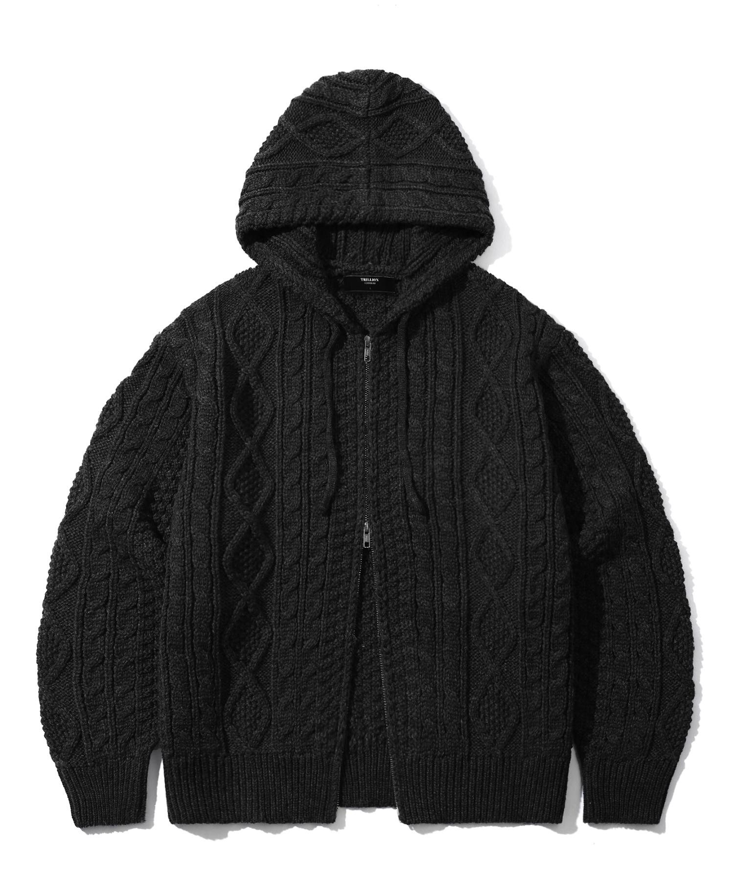 TRILLION Washable Aran Cable Hooded Zip-Up