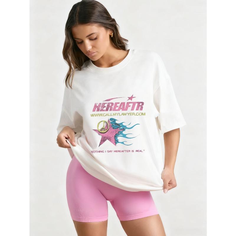 Oversized T Shirt Black Hereafter Peace Star Graphic Print With Website And Quote Statement Casual Streetwear Fashion Top For Women
