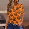Women's Short Sleeve Halloween and Pumpkin Print T-Shirt, Casual Round Neck Pullover Top for Women