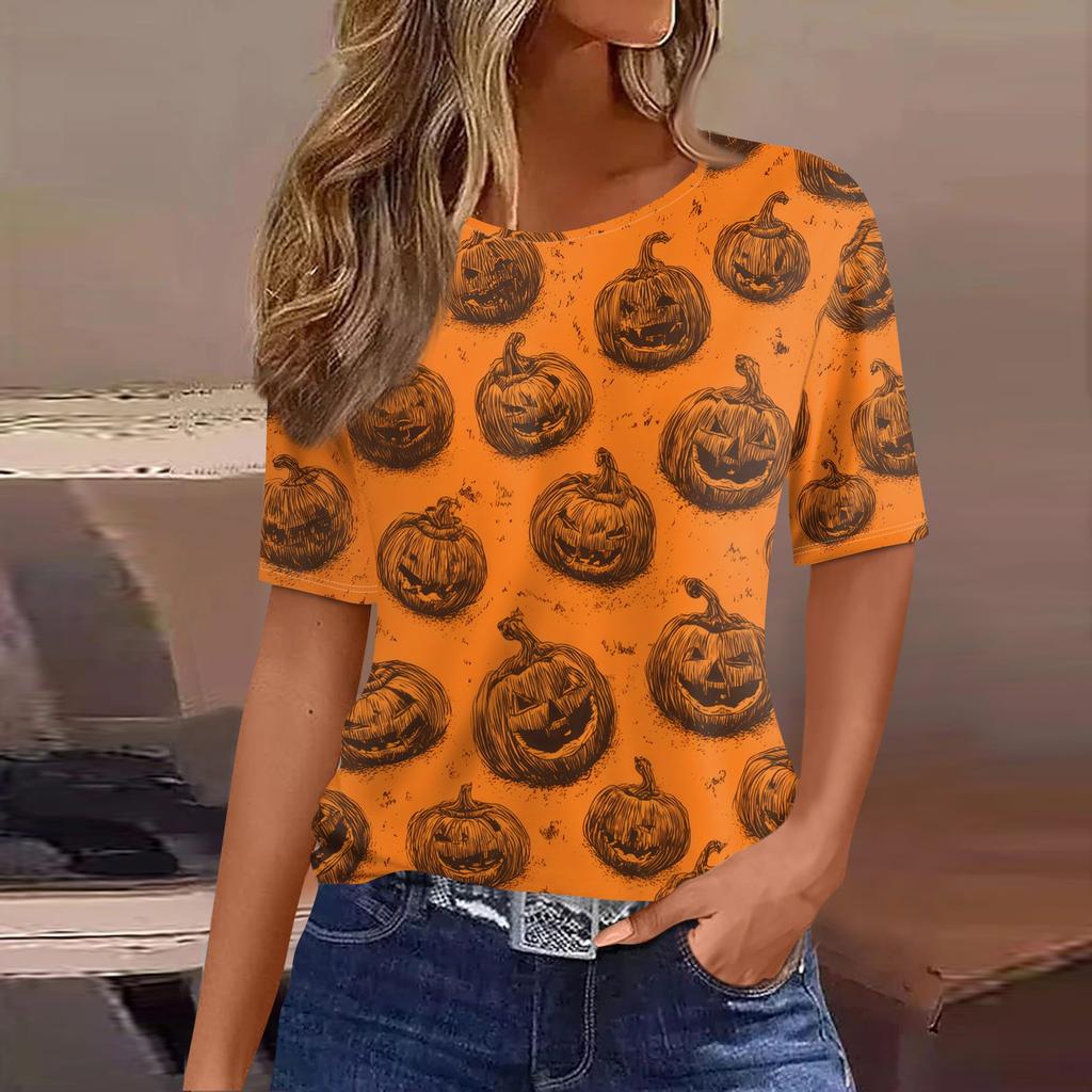 Women's Short Sleeve Halloween and Pumpkin Print T-Shirt, Casual Round Neck Pullover Top for Women