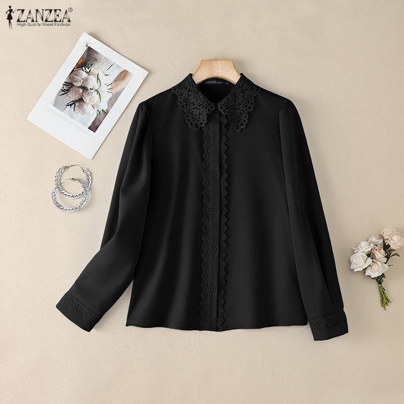 ZANZEA Women Casual Lace Splice Collar Long Sleeve Blouse