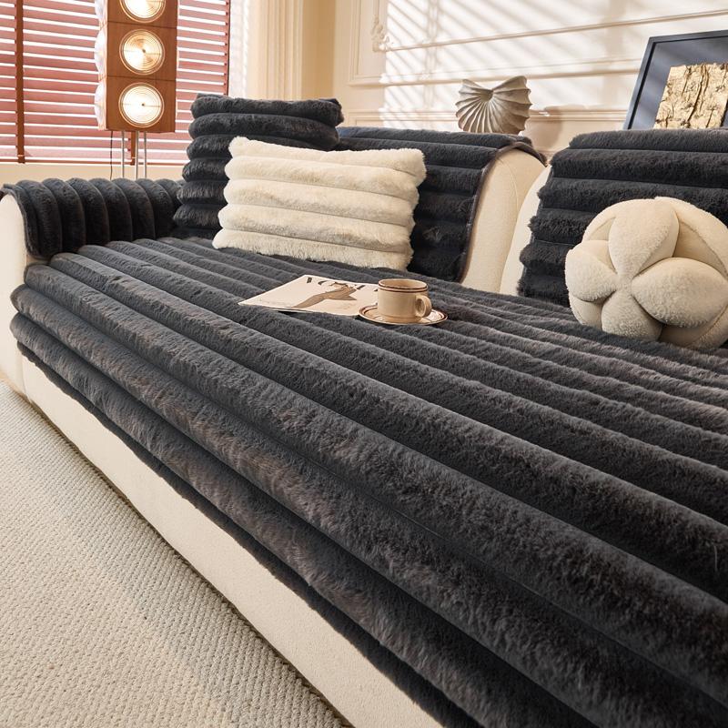 Thicken Plush Stripe Immitation Rabbit Fur Non-Slip Sofa Cover, for Winter Living Room Couch Seat Decor Slipcover Sofa Towel