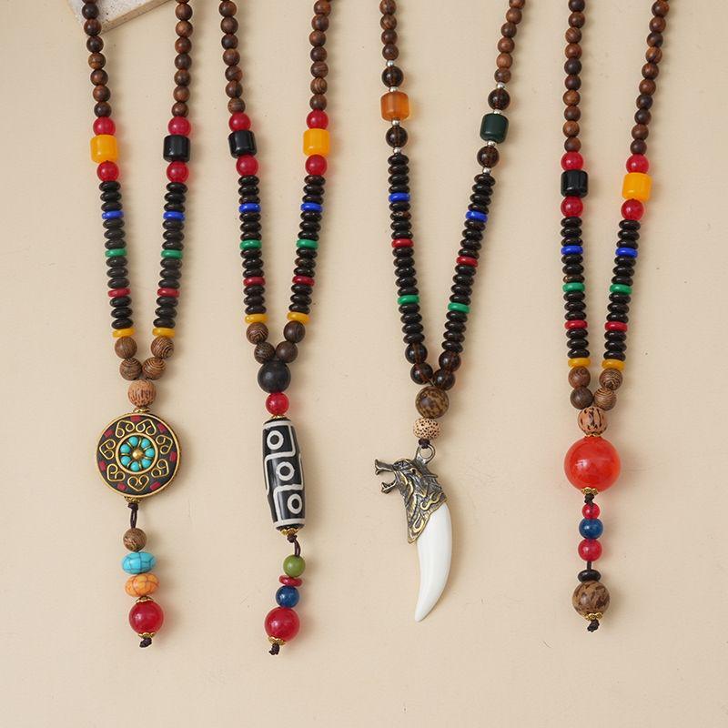 Ethnic Style Wood Necklace & Prayer Beads - Unisex Versatile Chicken Wing Wood Sweater Chain
