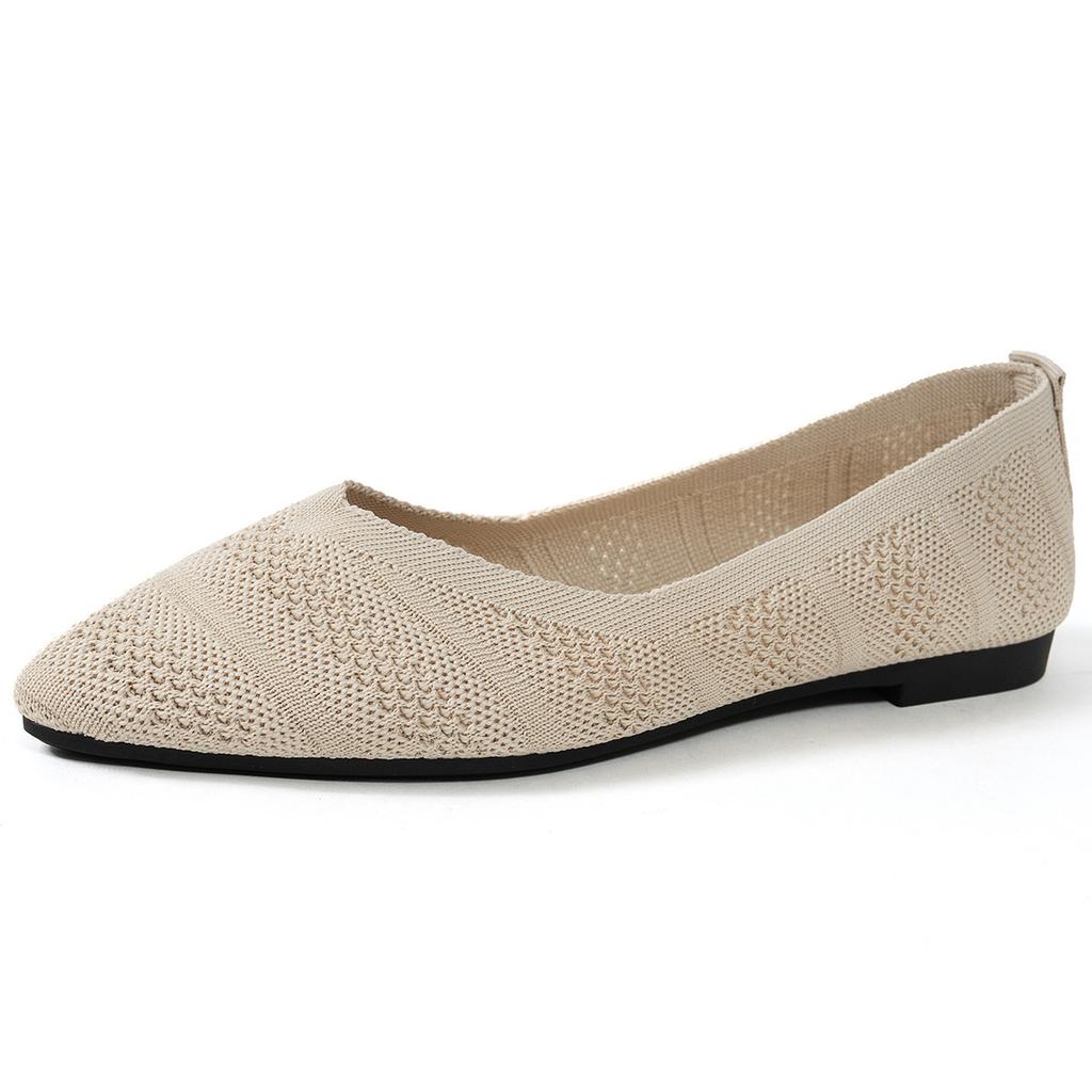 New fly-woven pointed shallow mouth flat-soled single shoes women's 2025 foreign trade large size knitted breathable four-season Doudou shoes