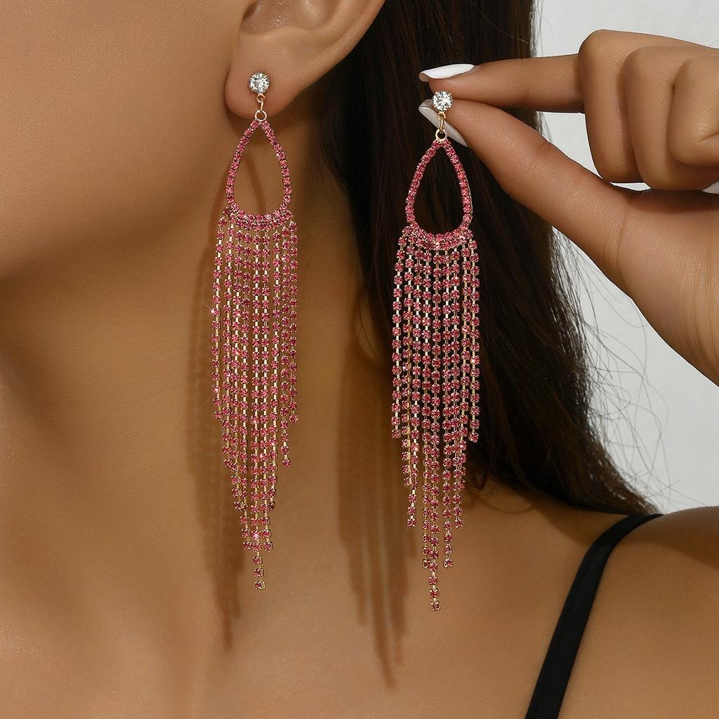 European and American Diamond-encrusted Metal Long Fringed Earrings Women's High-end Studs, Niche Temperament Earrings