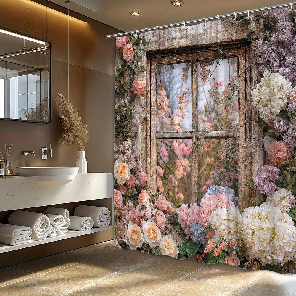 Vintage Floral Shower Curtain - Blooming Roses & Hydrangeas Garden Reflection, Soft Pastels, Polyester,  Machine Washable