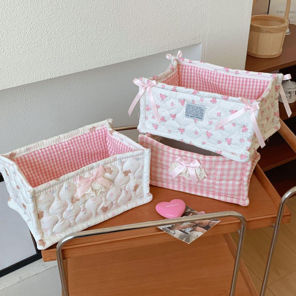 Korean Pink Plaid Quilted Storage Basket - Aesthetic Living Room & Bedside Organizer