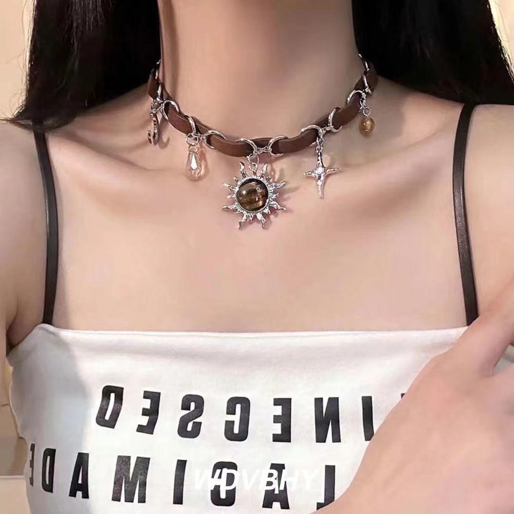 Fashion Leather Necklace Metal Vintage Collarbone Chain Gothic Star Sun Pendant Necklace Jewelry Gift
