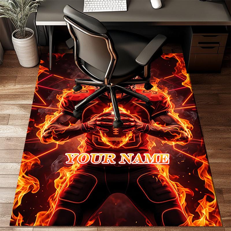 1PC Custom Name Flaming Football Player Theme Floor Mat Ideal for Living Room, Game Rooms, Office, Bedroom,Floor Mat Playful Design