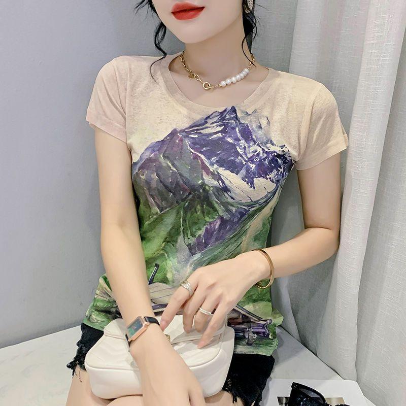 Creative Printed Short Sleeved T-shirt for Women's Summer Wear New Fashionable European Design Slim Fit and Western-style Letter Half Sleeved Top