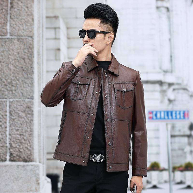 

Куртка из натуральной кожи для мотоцикла, первый слой из воловьей кожи, тонкая кожаная мужская куртка с кожаными лацканами, короткая, в корейском стиле, тонкая мужская одежда 5XL