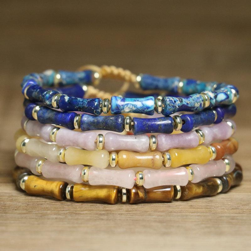 Blue Impression Jasper Tube Bead Bracelet – Gold Accent Adjustable Boho Jewelry, Protection Luck Gift for Women
