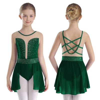 Leotardo Brillante para Danza Lírica de Niña Diseño de Espalda en U Cruzada Leotardo con Falda Disfraz de Baile con Pedrería