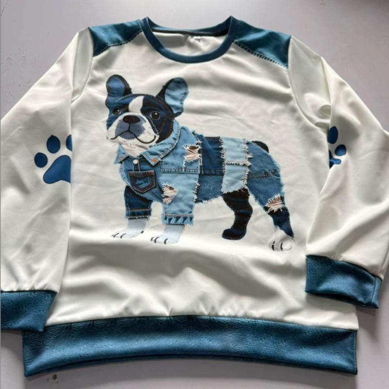 Europäische Und Amerikanische Damenbekleidung Neue Modelle Kariert Nachahmung Kunstdenim-Druck Rundhals Langarm T-Shirt( Nicht-Denim-Stoff)