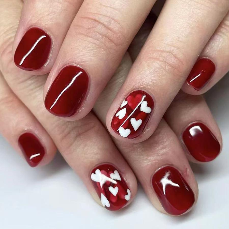 

2025 Valentine s Day Color Block Wine Red Heart Glossy Press-On Nails (24 Pieces)