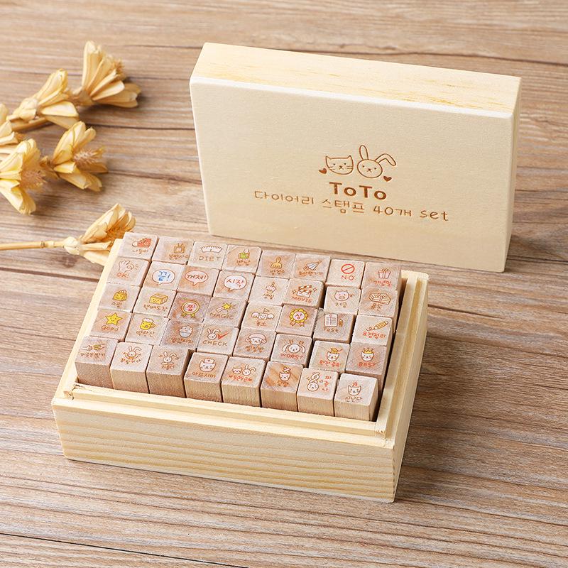 Wooden Box Diary Stamps Set: Cute Bunny & Cat Designs, 40 Pieces, 4 Styles