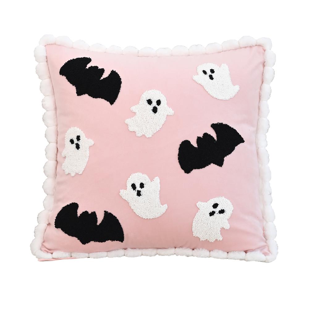 BUYNOW Halloween Pink Ghost Bat Embroidery Pillowcase Living Room Sofa18x18in Cushion Cover Home Bedroom Decor Cojines Para Sala
