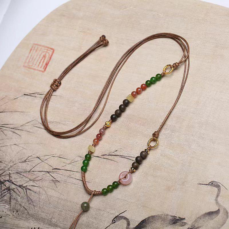 Colorful Handmade Chinese Hetian Jade Beaded Pendant Necklace with Adjustable Rope