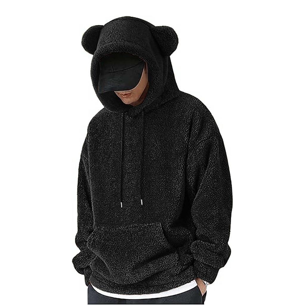 Fall And Winter Blast Solid Color Warm Coral Velvet Hoodie Bear Ears Cute Thickened  Man