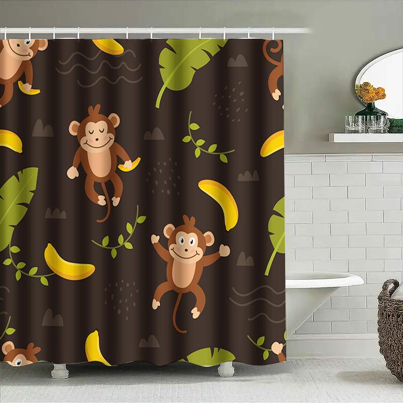 Kids Bathroom Shower Curtain With Monkeys And Bananas Brown Printed Fabric Decorative Waterproof Home Bath Liner Kids Gift 72 X